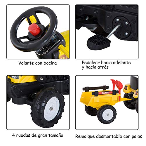 HOMCOM Tractor Pedales Excavadora Infantil Juguete de Montar con Cargador Frontal con Tráiler para Niños 3 Años Carga 35 kg 167×41×52cm