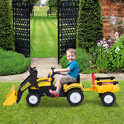 HOMCOM Tractor Pedales Excavadora Infantil Juguete de Montar con Cargador Frontal con Tráiler para Niños 3 Años Carga 35 kg 167×41×52cm