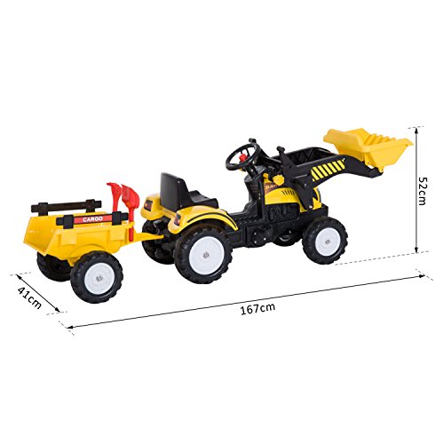 HOMCOM Tractor Pedales Excavadora Infantil Juguete de Montar con Cargador Frontal con Tráiler para Niños 3 Años Carga 35 kg 167×41×52cm