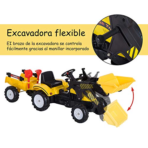 HOMCOM Tractor Pedales Excavadora Infantil Juguete de Montar con Cargador Frontal con Tráiler para Niños 3 Años Carga 35 kg 167×41×52cm