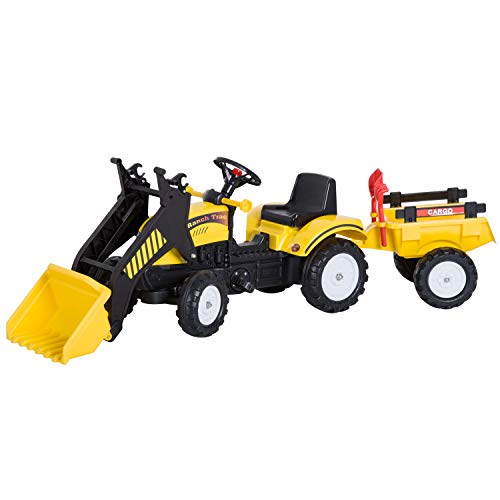 HOMCOM Tractor Pedales Excavadora Infantil Juguete de Montar con Cargador Frontal con Tráiler para Niños 3 Años Carga 35 kg 167×41×52cm