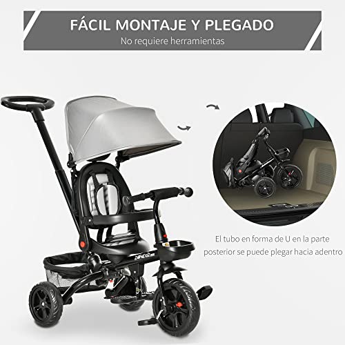 HOMCOM Triciclo Bebé 4 en 1 Bicicleta para Niños 1-5 Años con Asiento Giratorio Capota Ajustable Mango de Empuje Telescópico y Reposapiés Plegable 111,5x52x98 cm Gris