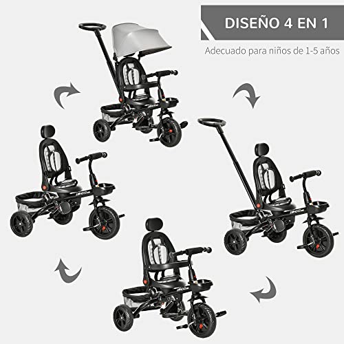 HOMCOM Triciclo Bebé 4 en 1 Bicicleta para Niños 1-5 Años con Asiento Giratorio Capota Ajustable Mango de Empuje Telescópico y Reposapiés Plegable 111,5x52x98 cm Gris