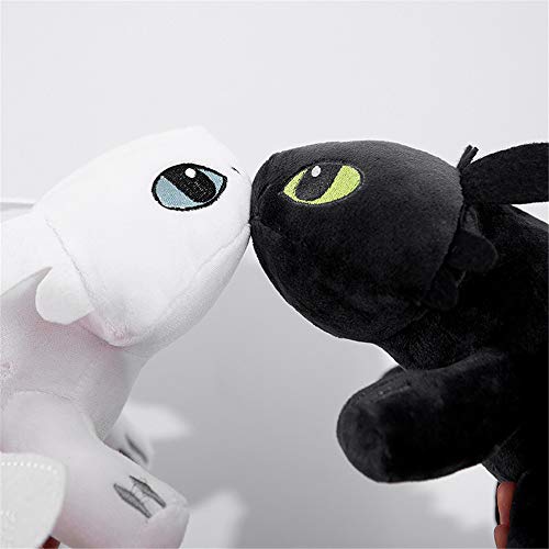 Honeytoy Pack 2 Dragons, como Entrenar a tu dragón - Peluches Desdentado y Furia Luminosa (Toothless y Light Fury) Color Negro y Blanco Calidad Super Soft(25cm)