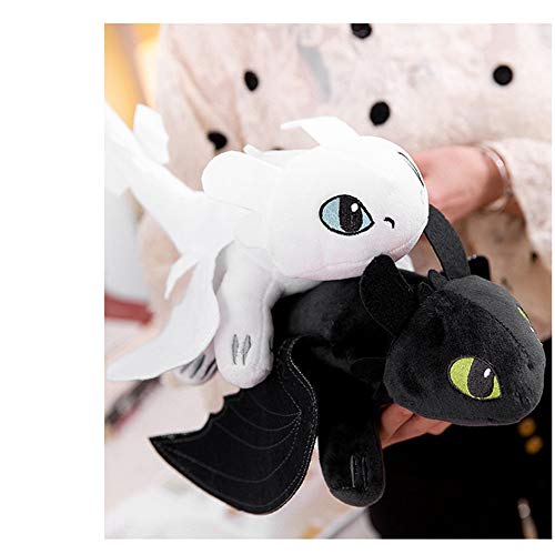 Honeytoy Pack 2 Dragons, como Entrenar a tu dragón - Peluches Desdentado y Furia Luminosa (Toothless y Light Fury) Color Negro y Blanco Calidad Super Soft(25cm)