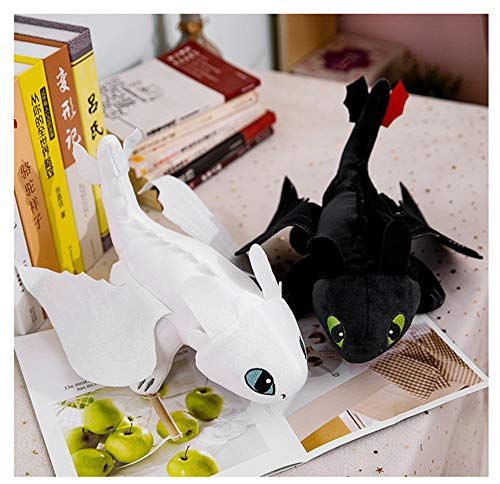 Honeytoy Pack 2 Dragons, como Entrenar a tu dragón - Peluches Desdentado y Furia Luminosa (Toothless y Light Fury) Color Negro y Blanco Calidad Super Soft(25cm)