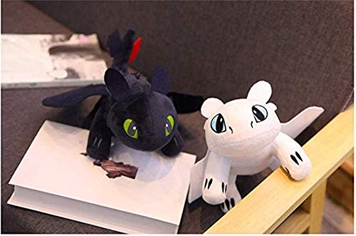 Honeytoy Pack 2 Dragons, como Entrenar a tu dragón - Peluches Desdentado y Furia Luminosa (Toothless y Light Fury) Color Negro y Blanco Calidad Super Soft(25cm)