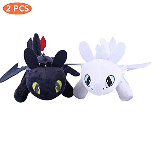 Honeytoy Pack 2 Dragons, como Entrenar a tu dragón - Peluches Desdentado y Furia Luminosa (Toothless y Light Fury) Color Negro y Blanco Calidad Super Soft(25cm)