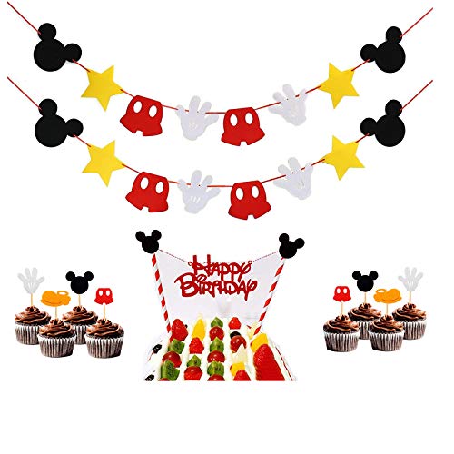 Hooggle Kit de decoración de la Fiesta de Mickey Mouse, Mickey Inspired Cupcake Toppers + Mickey Mouse con Tema de Fieltro Guirnalda Fiesta de cumpleaños Banner Suministros de decoración