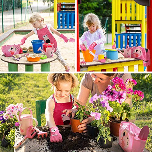 Hortem - Juego de Herramientas de jardín para niños de 7 Piezas, Incluye Herramientas manuales, Guantes de jardín para niños, Delantal y regadera, Regalos de jardinería para niños (Rosa)