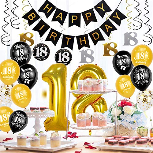 HOWAF 18 Decoracion Cumpleaños Globos, 30PCS Globos de látex con Confeti Negro y Oro y 2PCS Cintas,Feliz cumpleaños 18,decoración para Fiestas para Adolescentes niños y niñas,12 Pulgadas (18 años)