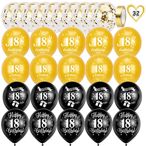 HOWAF 18 Decoracion Cumpleaños Globos, 30PCS Globos de látex con Confeti Negro y Oro y 2PCS Cintas,Feliz cumpleaños 18,decoración para Fiestas para Adolescentes niños y niñas,12 Pulgadas (18 años)