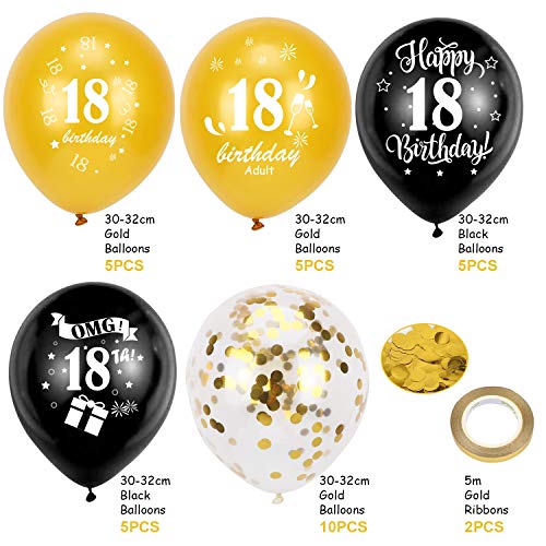 HOWAF 18 Decoracion Cumpleaños Globos, 30PCS Globos de látex con Confeti Negro y Oro y 2PCS Cintas,Feliz cumpleaños 18,decoración para Fiestas para Adolescentes niños y niñas,12 Pulgadas (18 años)