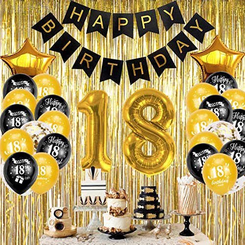 HOWAF 18 Decoracion Cumpleaños Globos, 30PCS Globos de látex con Confeti Negro y Oro y 2PCS Cintas,Feliz cumpleaños 18,decoración para Fiestas para Adolescentes niños y niñas,12 Pulgadas (18 años)