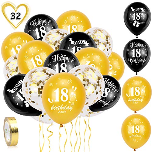 HOWAF 18 Decoracion Cumpleaños Globos, 30PCS Globos de látex con Confeti Negro y Oro y 2PCS Cintas,Feliz cumpleaños 18,decoración para Fiestas para Adolescentes niños y niñas,12 Pulgadas (18 años)