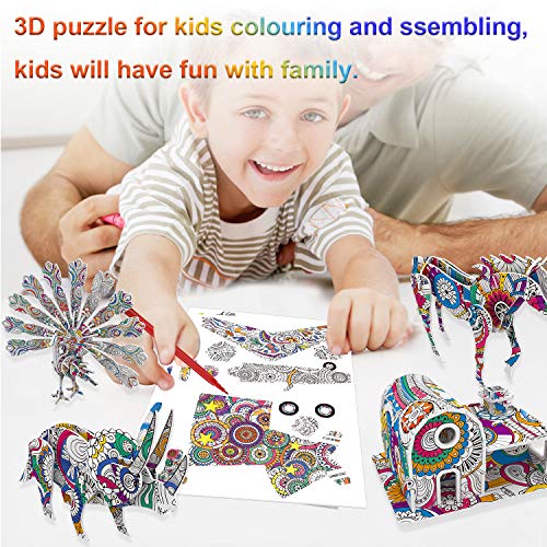 HOWAF 4 Pack 3D Coloring Puzzle Set for Kids Painting Art and Crafts with 10 Pen Markers, Educational DIY Puzzle Toy for Kids, Creative Birthday for Children Boys Girls