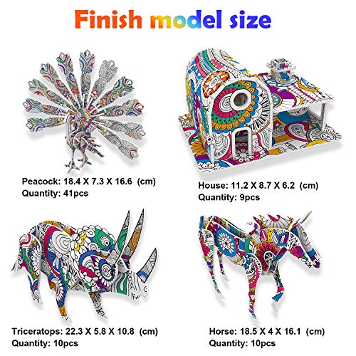 HOWAF 4 Pack 3D Coloring Puzzle Set for Kids Painting Art and Crafts with 10 Pen Markers, Educational DIY Puzzle Toy for Kids, Creative Birthday for Children Boys Girls