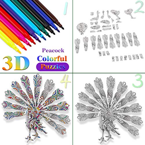 HOWAF 4 Pack 3D Coloring Puzzle Set for Kids Painting Art and Crafts with 10 Pen Markers, Educational DIY Puzzle Toy for Kids, Creative Birthday for Children Boys Girls