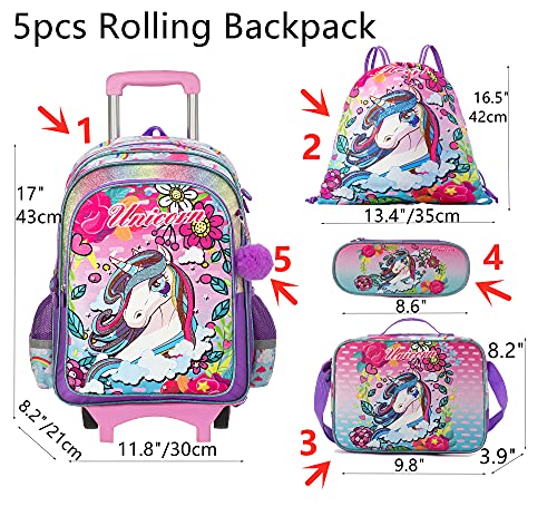 HTgroce - Mochilas Escolares de Unicornio para niñas con Estuche para lápices, etc.- Mochila para niños pequeños con Ruedas para jardín de Infantes, niños, Viajes, Lindos Regalos para niñas