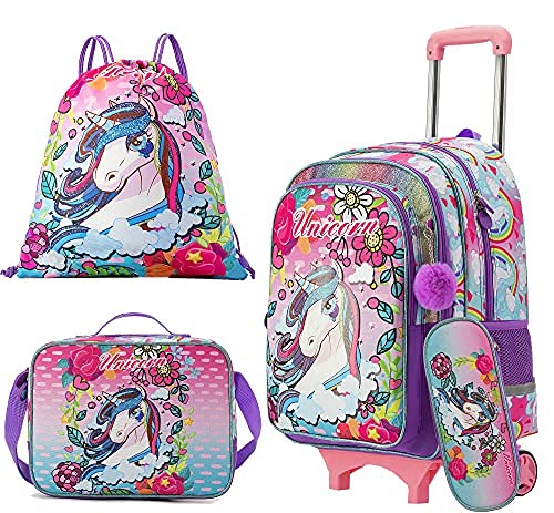 HTgroce - Mochilas Escolares de Unicornio para niñas con Estuche para lápices, etc.- Mochila para niños pequeños con Ruedas para jardín de Infantes, niños, Viajes, Lindos Regalos para niñas