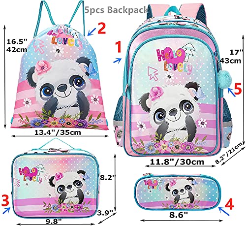 HTgroce Panda Mochilas niña Mochilas Escolares, Mochilas de Gimnasia con cordón para niños, niñas y Estuches para lápices, Fiambrera