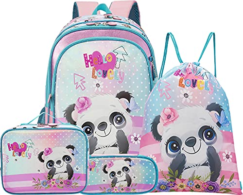 HTgroce Panda Mochilas niña Mochilas Escolares, Mochilas de Gimnasia con cordón para niños, niñas y Estuches para lápices, Fiambrera