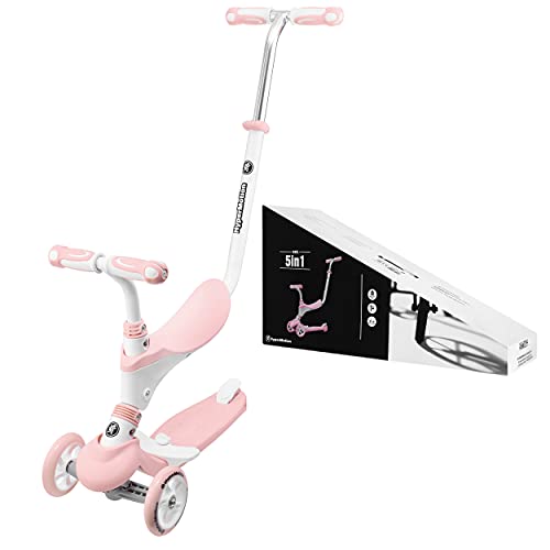 HyperMotion Draisienne - Patinete infantil de 1 a 5 años, triciclo para bebé evolutivo 5 en 1, pulsador ajustable, reposapiés, asiento, manillar ajustable, color rosa