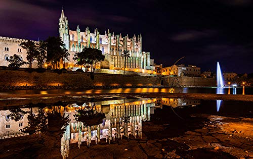 Iglesia Mallorca Mallorca España Catedral La Seu ReflectionAdult Puzzle niños 1000 Piezas Juego de Puzzle de Madera Regalo decoración del hogar Recuerdo de Viaje Especial