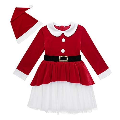 inhzoy Disfraz de Papá Noel para Niña Vestido Rojo de Santa Manga Larga Vestido Tutú Princesa con Sombrero Traje Mamá Noel Disfraz Navidad Fiesta Rojo 6 Años