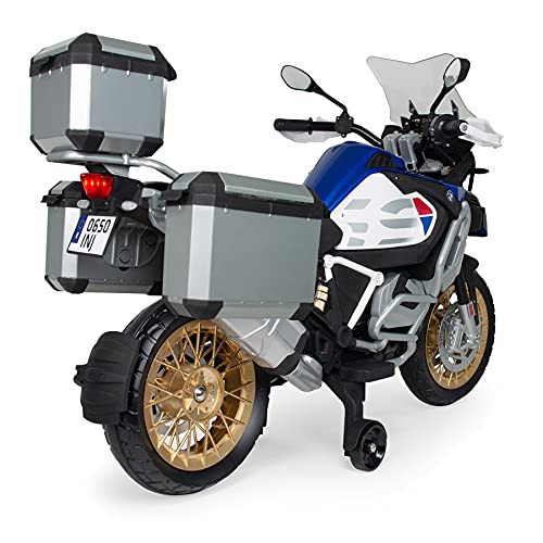 INJUSA - Moto Eléctrica BMW R1250 GS Adventure 12V Azul con Maletas Traseras, Puño Acelerador, MP3 y Ruedas Estabilizadoras Recomendada para Niños +3 Años