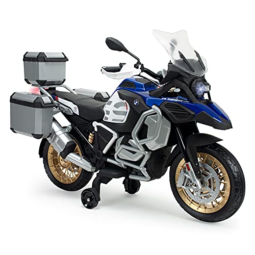 INJUSA - Moto Eléctrica BMW R1250 GS Adventure 12V Azul con Maletas Traseras, Puño Acelerador, MP3 y Ruedas Estabilizadoras Recomendada para Niños +3 Años