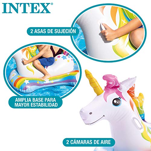 Intex 57552NP - Flotador unicornio INTEX, 163x86 cm, Colchoneta unicornio para niños, Unicornio inflable, Para 1 niños a partir de 3 años, 2 asa de sujeción, Peso máximo 40 Kg