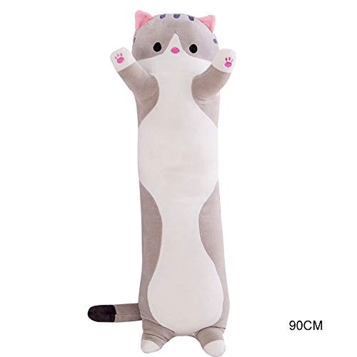 iSunday Lindo peluche gato muñeca suave peluche gatito almohada muñeca juguete regalo para niños novia (90 cm, gris1)