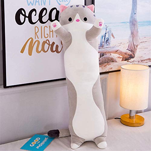 iSunday Lindo peluche gato muñeca suave peluche gatito almohada muñeca juguete regalo para niños novia (90 cm, gris1)