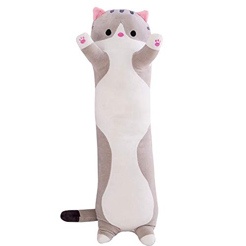 iSunday Lindo peluche gato muñeca suave peluche gatito almohada muñeca juguete regalo para niños novia (90 cm, gris1)