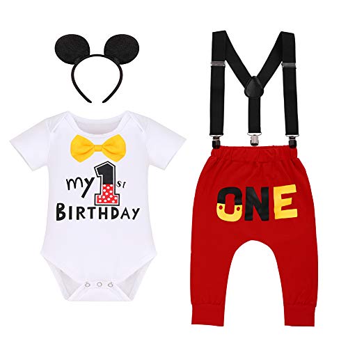 Iwemek - Conjunto de disfraz para bebé (primer y segundo, diseño de Mickey Mouse con texto en inglés "El ratón", #A: blanco Mon 1 Anniversary, 12-18 Meses