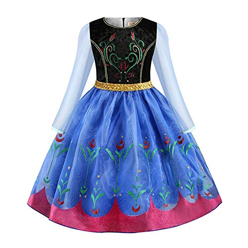 IWEMEK Disfraz de princesa Anna para niña, con capa, 2 piezas, para carnaval, fiesta, Navidad, Halloween, festivo, ropa de 2 a 11 años azul 9-10 Años