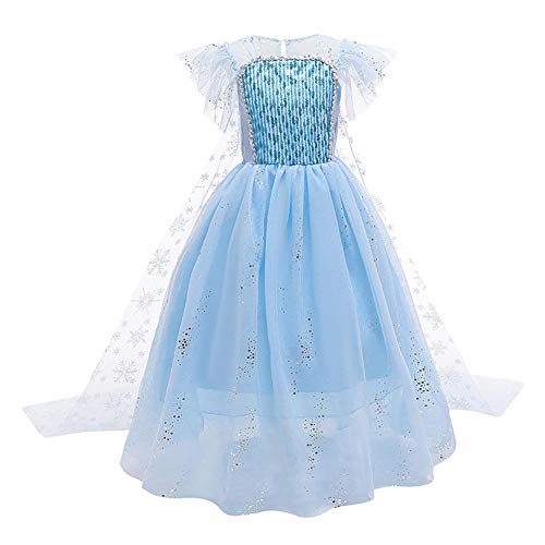 IWEMEK - Disfraz de princesa Elsa con capa + accesorios de Frozen, 2 disfraz de carnaval Halloween y Navidad, vestido de fiesta de cumpleaños para niños de 4 a 9 años Azul Set 5-6 Años