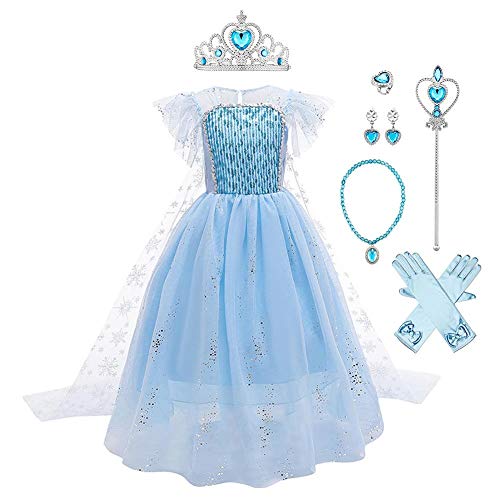 IWEMEK - Disfraz de princesa Elsa con capa + accesorios de Frozen, 2 disfraz de carnaval Halloween y Navidad, vestido de fiesta de cumpleaños para niños de 4 a 9 años Azul Set 5-6 Años