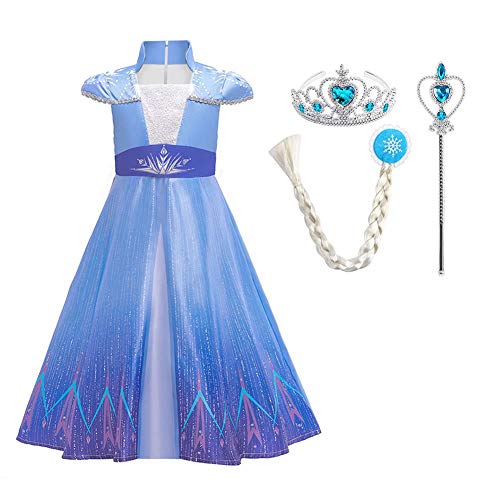 IWEMEK Disfraz Elsa Vestido de Princesa con Capa Reina Nieves Traje Carnaval Halloween Navidad Fiesta de Cumpleaños Disfraces para Niñas 12 Azul 7-8 años