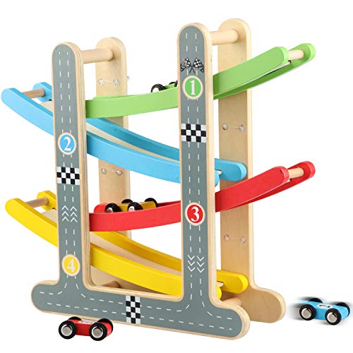 Jacootoys Rampa de Carrera para Niños de 1 a 2 Años, Juegos Circuito Coches Pista de Madera Juguetes Incluye 4 Autitos