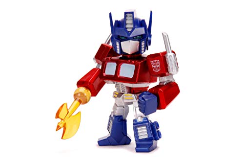 Jada Toys Transformers 253111003 Optimus Prime - Figura de Die-Cast, Ojos con luz, Pilas Incluidas, Accesorios, 10 cm, Rojo, Plateado y Azul