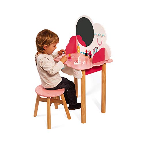 Janod- Dressing Table Tocador Pequeña Miss (madera), liso, Color rosa/blanco (Juratoys J06553)