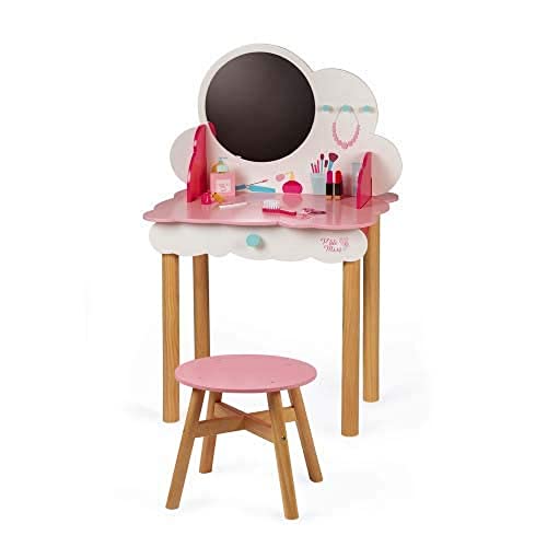 Janod- Dressing Table Tocador Pequeña Miss (madera), liso, Color rosa/blanco (Juratoys J06553)