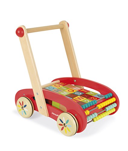 Janod - J05379 - Andador ABC Buggy Tatoo de madera de color rojo con 30 bloques incluidos para niños a partir de 1 año