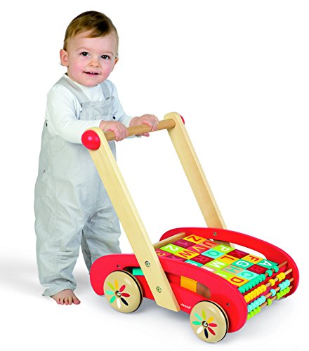 Janod - J05379 - Andador ABC Buggy Tatoo de madera de color rojo con 30 bloques incluidos para niños a partir de 1 año