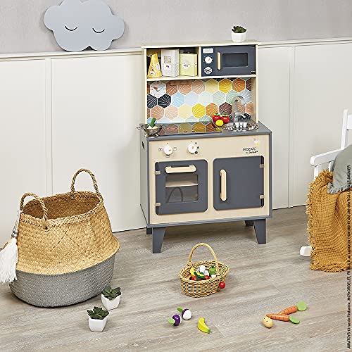 Janod - La Gran Cocina Mozaïc - Cocina de madera para niños - Cocina equipada con luz y sonido - Cocina de madera con 3 accesorios + 3 cajas de cartón para comida - A partir de 3 años,J06609