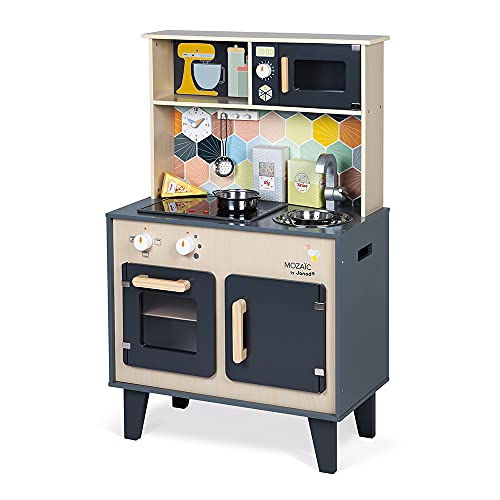 Janod - La Gran Cocina Mozaïc - Cocina de madera para niños - Cocina equipada con luz y sonido - Cocina de madera con 3 accesorios + 3 cajas de cartón para comida - A partir de 3 años,J06609