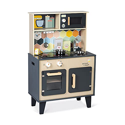 Janod - La Gran Cocina Mozaïc - Cocina de madera para niños - Cocina equipada con luz y sonido - Cocina de madera con 3 accesorios + 3 cajas de cartón para comida - A partir de 3 años,J06609