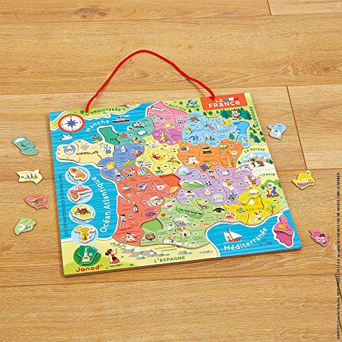 Janod - Mapa Magnético de Francia - 93 Piezas Magnéticas - Puzzle Infantil y Juego Educativo - Descubrimiento y Memorización - Francés - A Partir de 7 Años, J05480